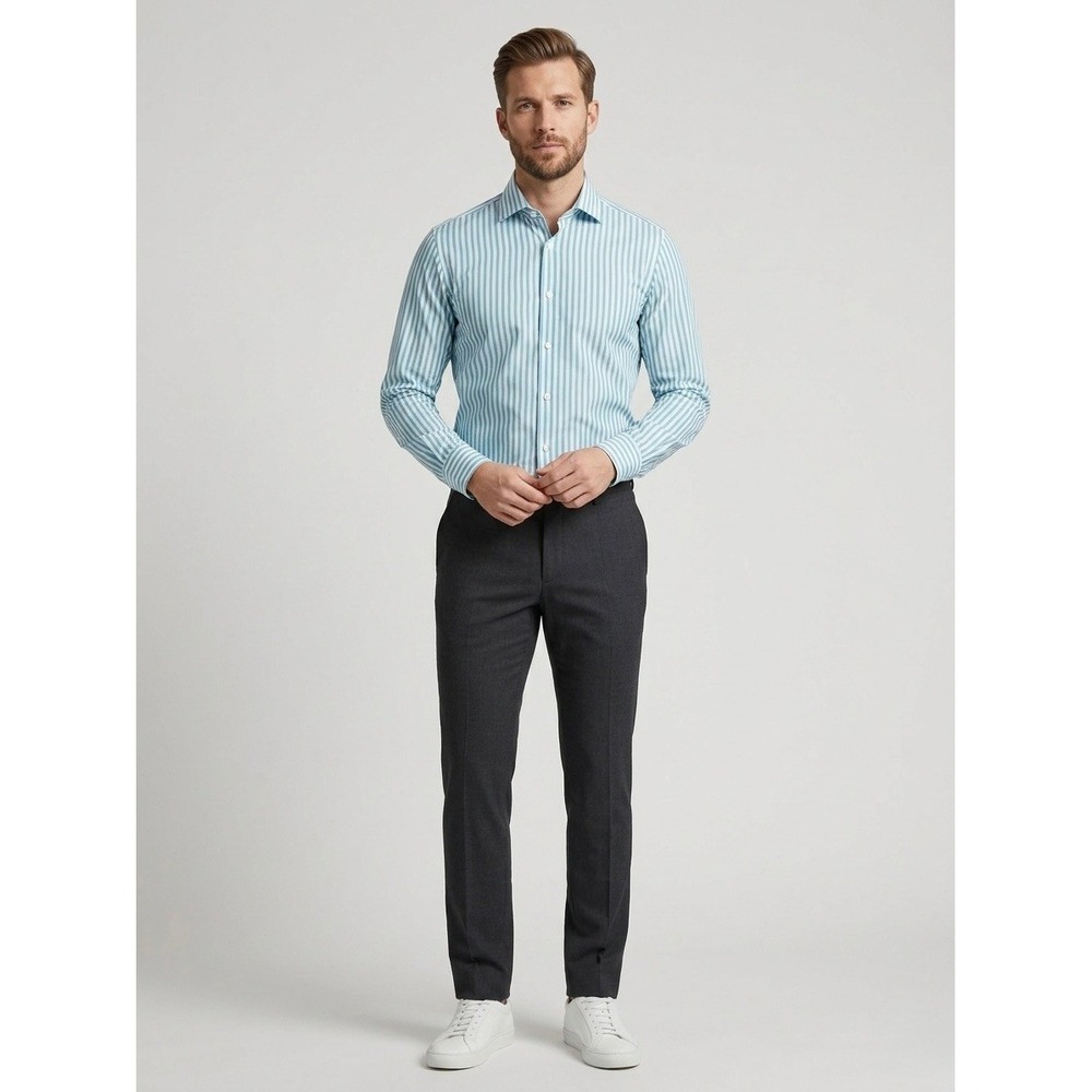 Hugo Boss Mens Teal White Striped Cotton Dress Shirt 15.5 32/33 Long Sleeve